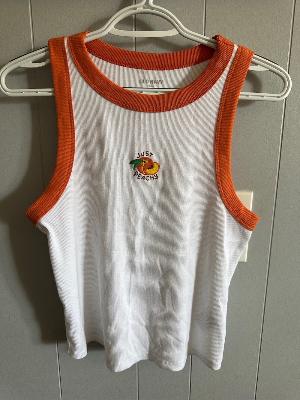 Old Navy White Tank with Orange Trim and Peach Embroidery